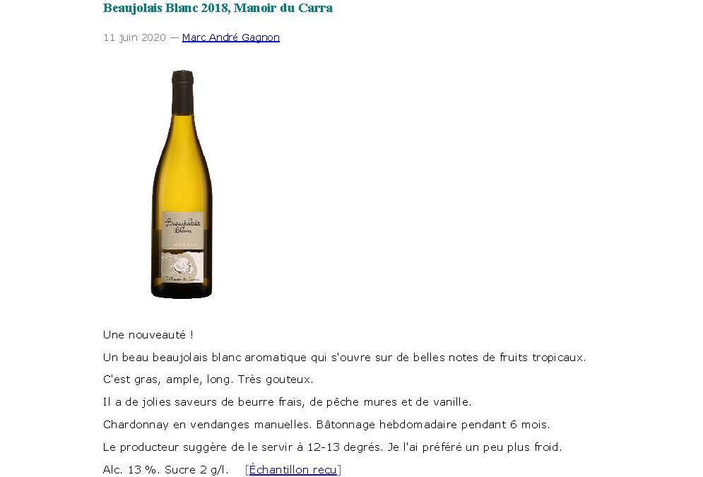 VIN QUÉBEC – BEAUJOLAIS BLANC – MANOIR DU CARRA – 11-06-2020