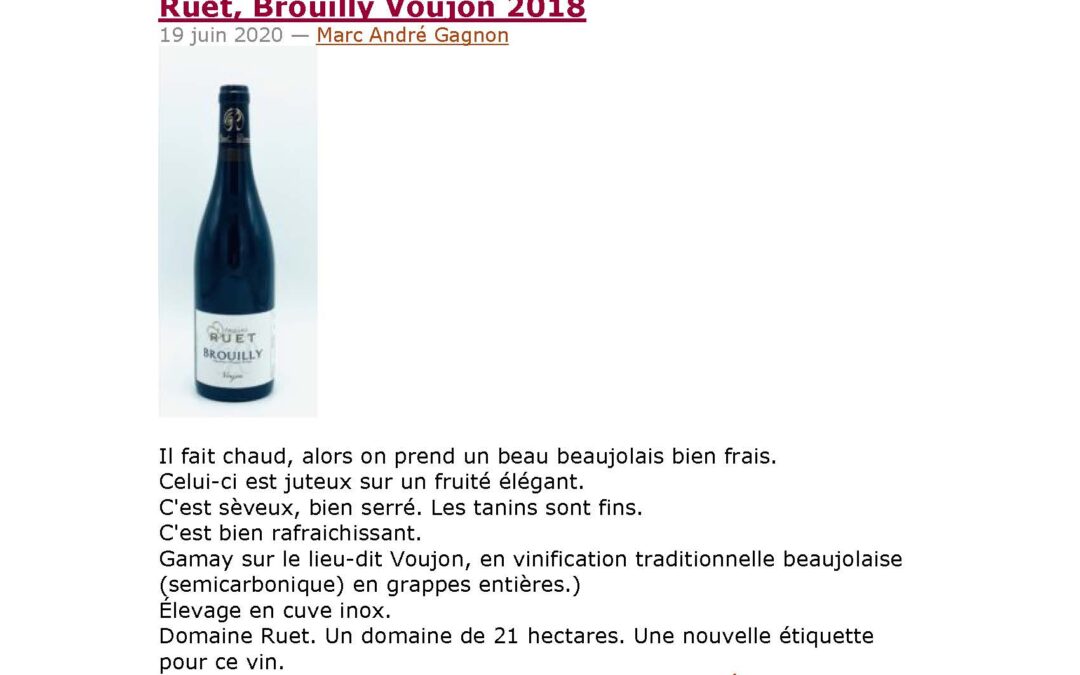 VIN QUÉBEC – BROUILLY VOUJON – DOMAINE RUET – 19-06-2020