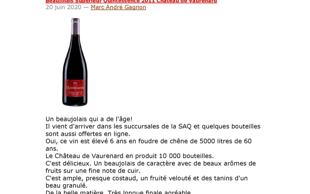 VIN QUÉBEC – BEAUJOLAIS QUINTESSENCE – CHÂTEAU VAURENARD – 20-06-2020